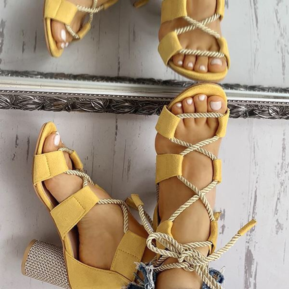 Yellow lace up chunky heels